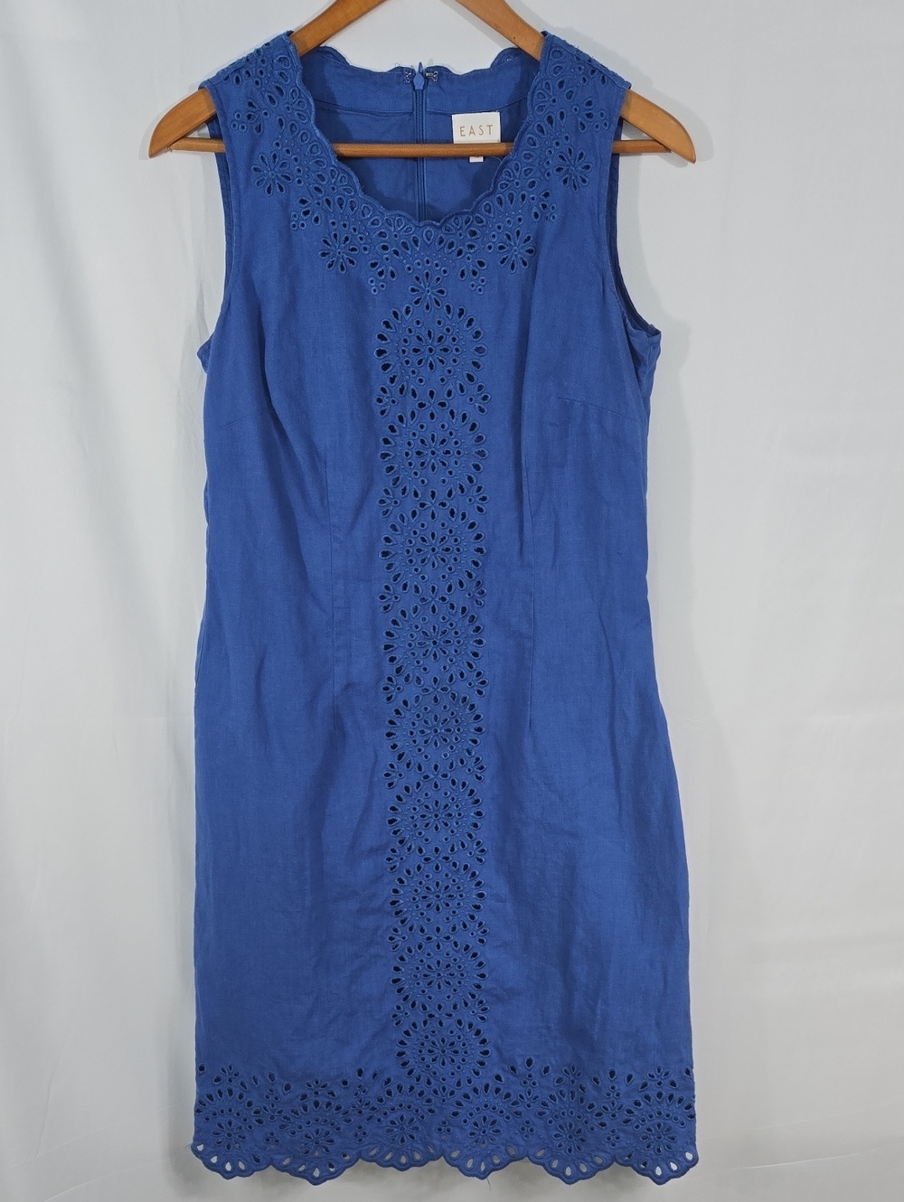 EAST Womens French Blue Sleeveless Eyelet Shift Lined Dress UK 10 US6